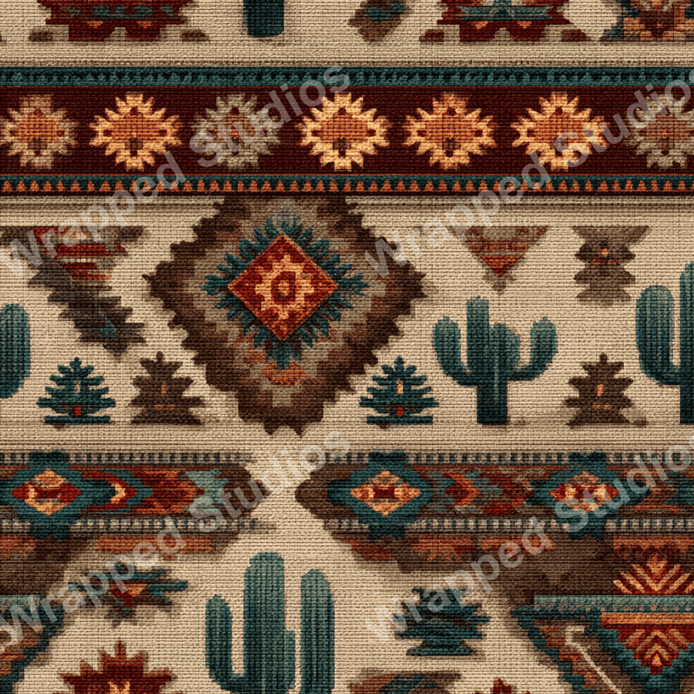Rustic Southwestern pattern with cacti, geometric shapes, and earth-tone colors.
