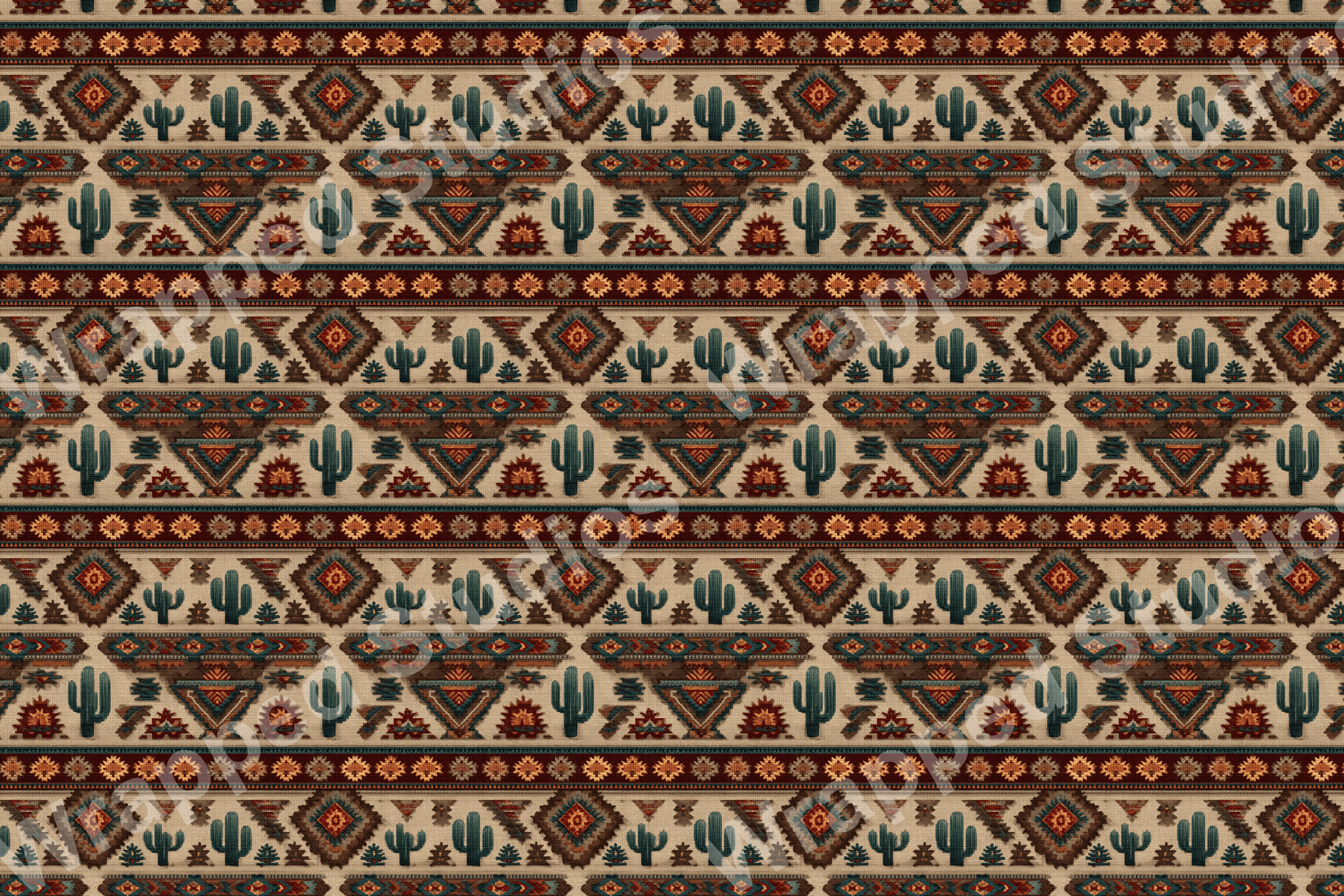 Rustic Southwestern pattern with geometric diamonds, cacti, and desert plant motifs.