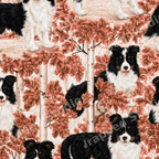 Seamless dog pattern featuring black and white border collies in a terracotta autumn woodland forest.