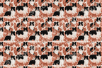 Vintage Collie dog pattern with tricolor Shetland Sheepdogs in an autumn forest with birch trees.