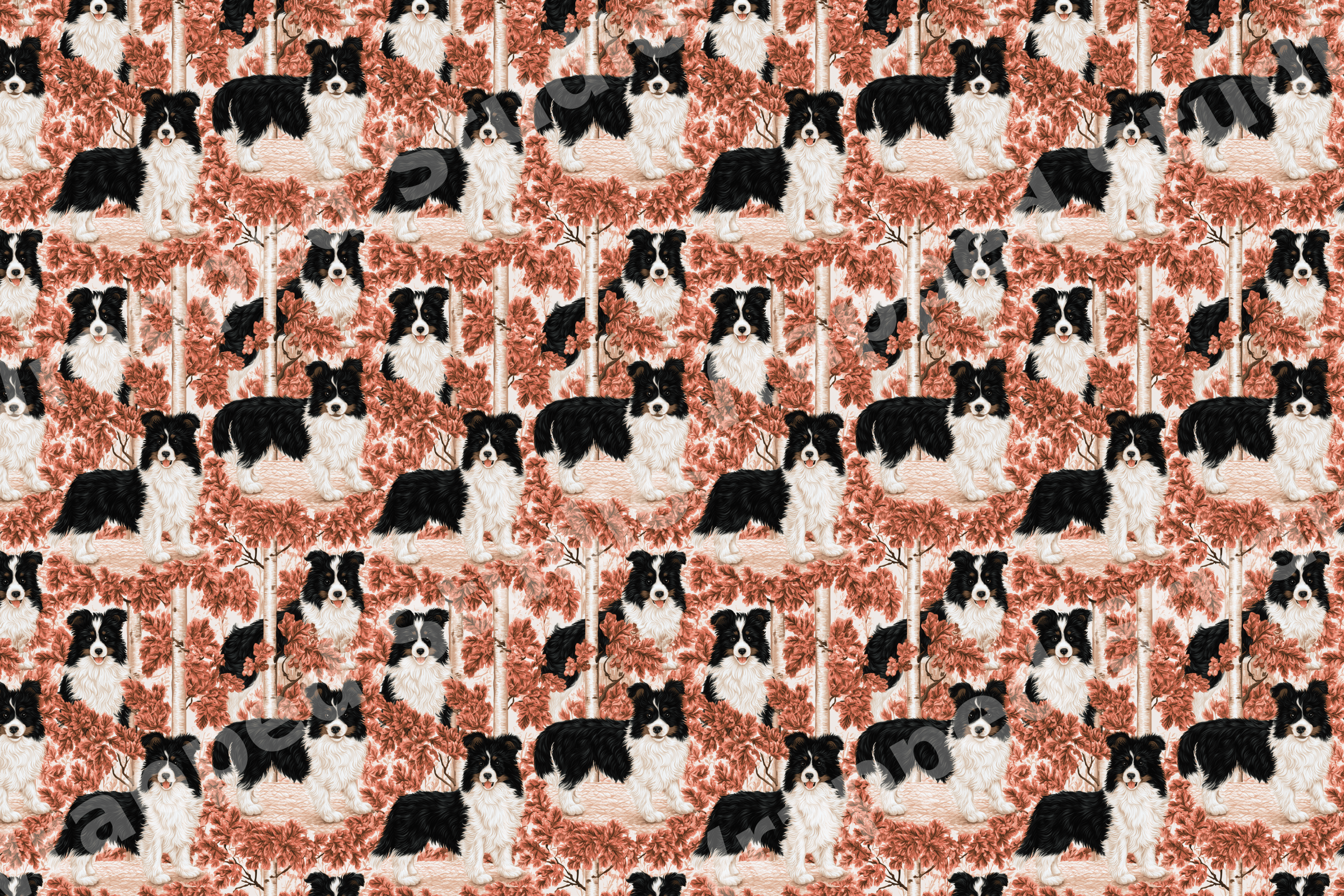 Vintage Collie dog pattern with tricolor Shetland Sheepdogs in an autumn forest with birch trees.