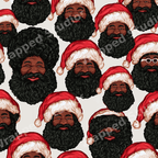 Festive seamless pattern featuring illustrated Black Santa Claus faces with red hats and curly black beards.