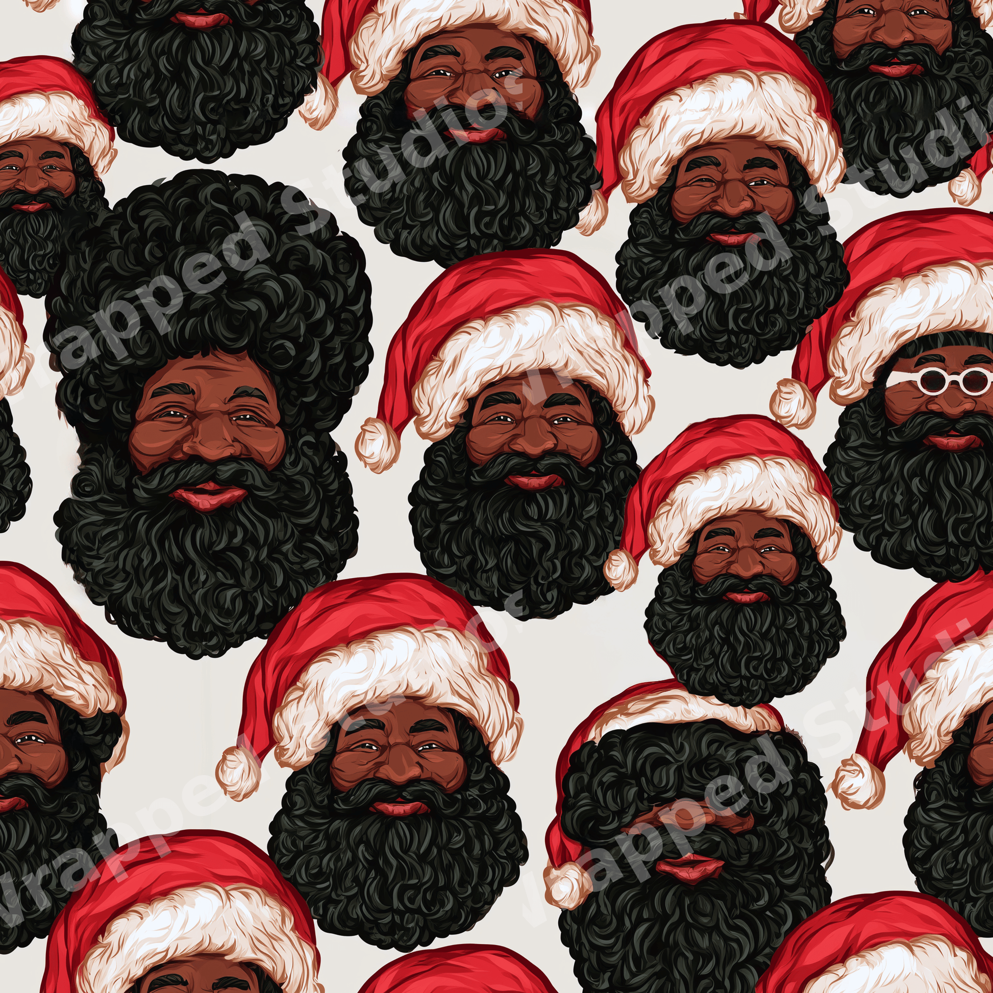Festive seamless pattern featuring illustrated Black Santa Claus faces with red hats and curly black beards.