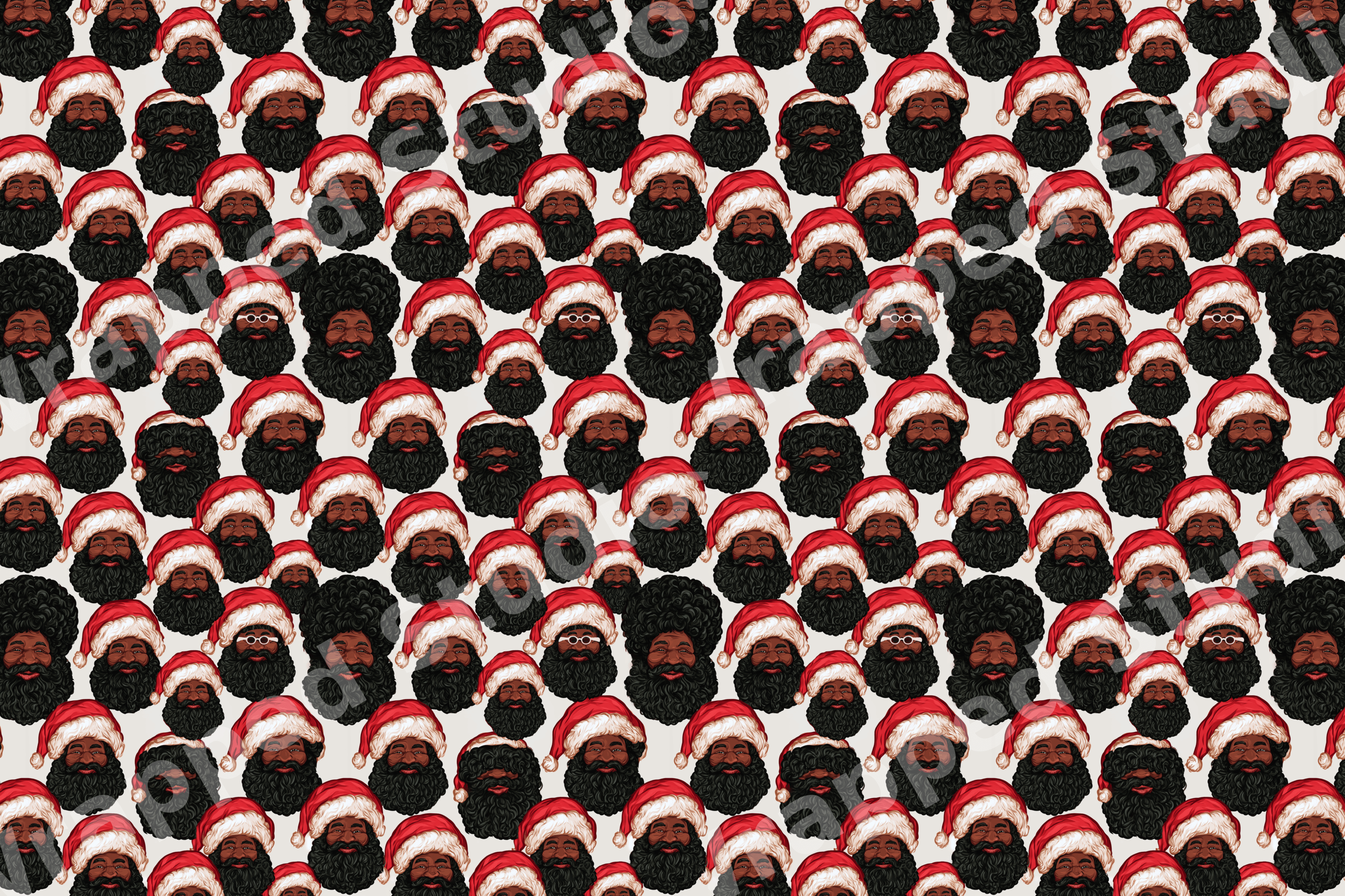 Festive Black Santa pattern featuring illustrated African American Santa Claus faces on a cream background.