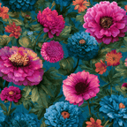 Vibrant vintage botanical design featuring large pink and blue flowers with green leaves on a teal background.