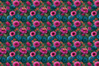 Seamless vintage botanical floral pattern with vibrant pink peonies and teal blue flowers.