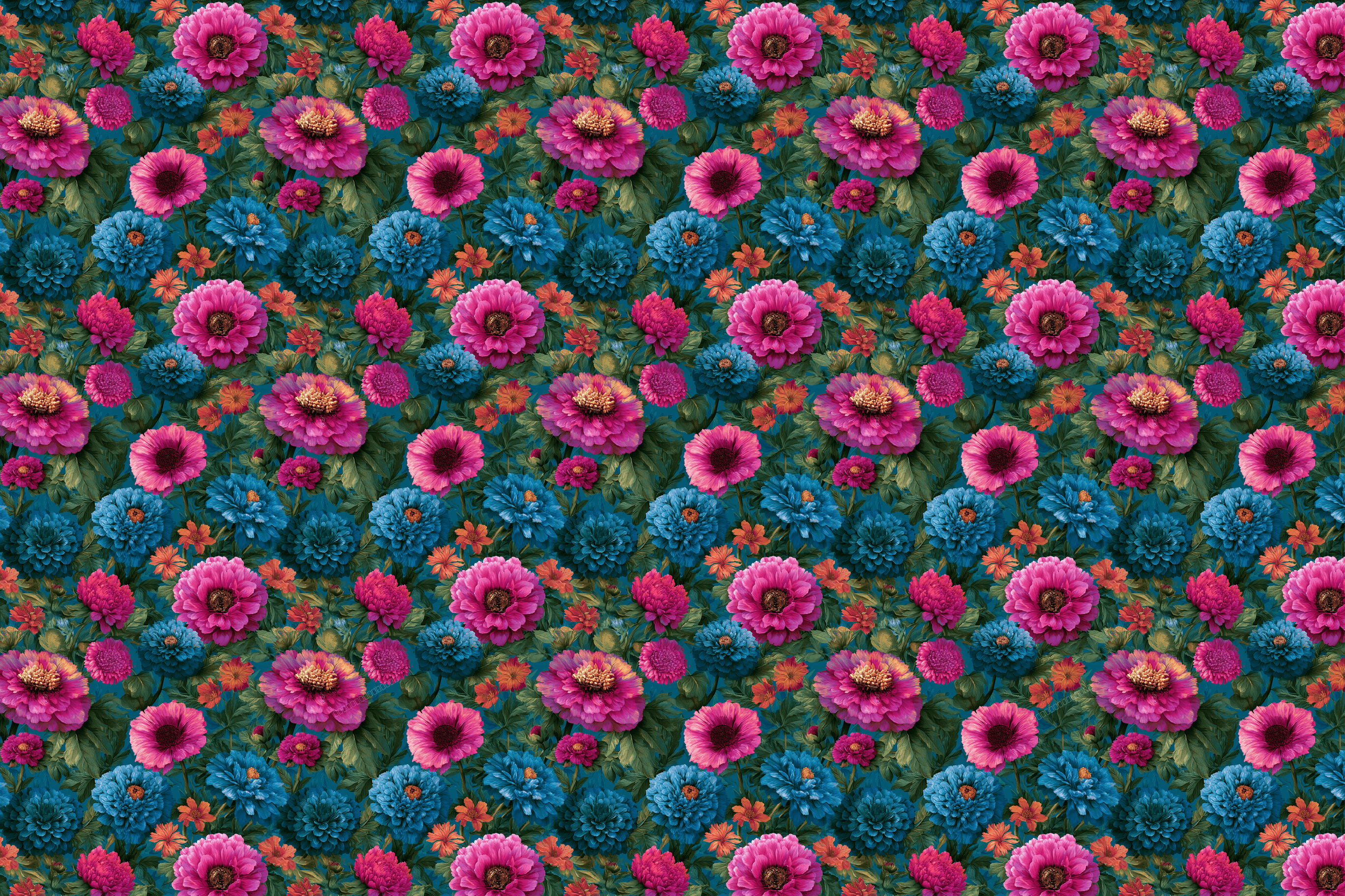 Seamless vintage botanical floral pattern with vibrant pink peonies and teal blue flowers.