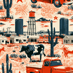 Retro Western pattern featuring vintage red pickup trucks, cows, and cacti in a rustic Americana style.