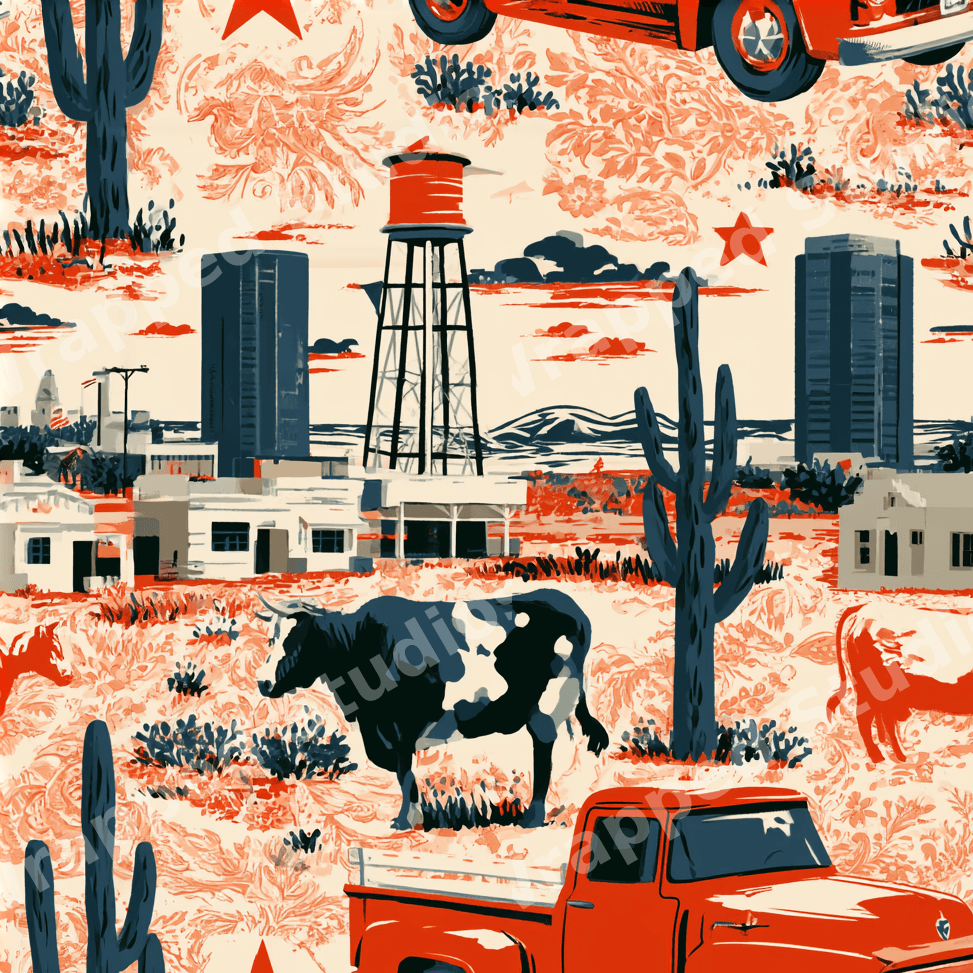 Retro Western pattern featuring vintage red pickup trucks, cows, and cacti in a rustic Americana style.