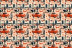 Vintage western pattern with red pickup trucks, cows, and saguaro cacti in a retro country toile style.