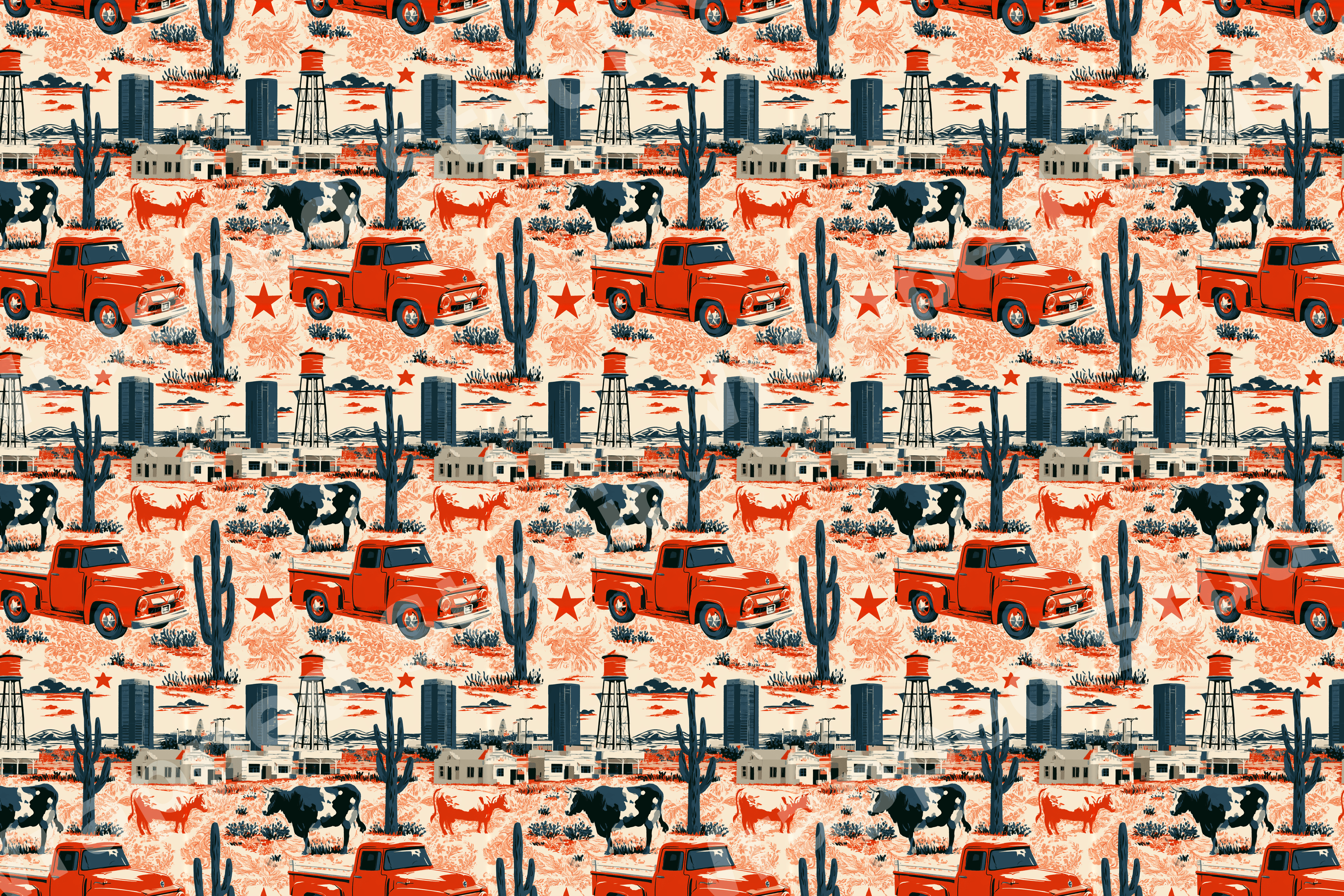Vintage western pattern with red pickup trucks, cows, and saguaro cacti in a retro country toile style.