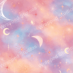 Pastel galaxy pattern with moons, stars, and watercolor texture in pink, purple, and gold.