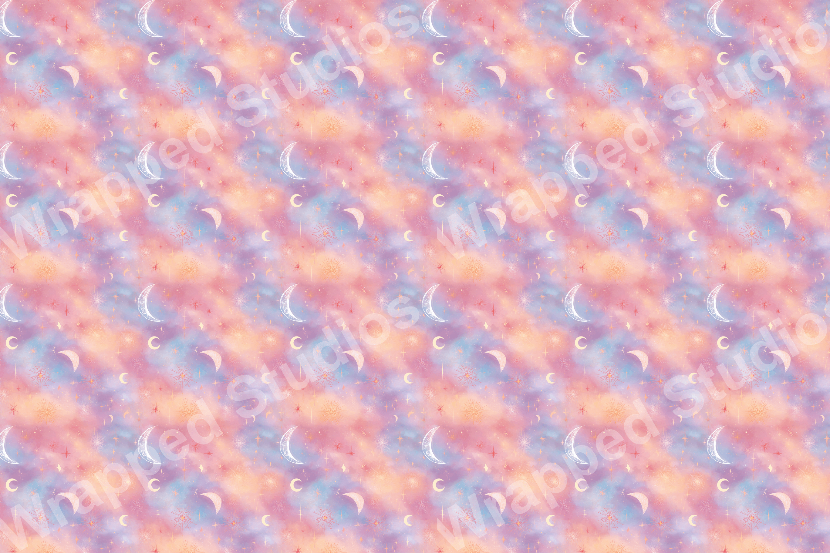 Dreamy celestial pattern with moons and stars in pastel pink, blue, and peach hues.