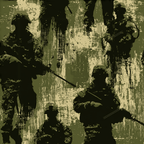 Seamless military camouflage pattern with distressed soldier silhouettes in olive green and khaki.
