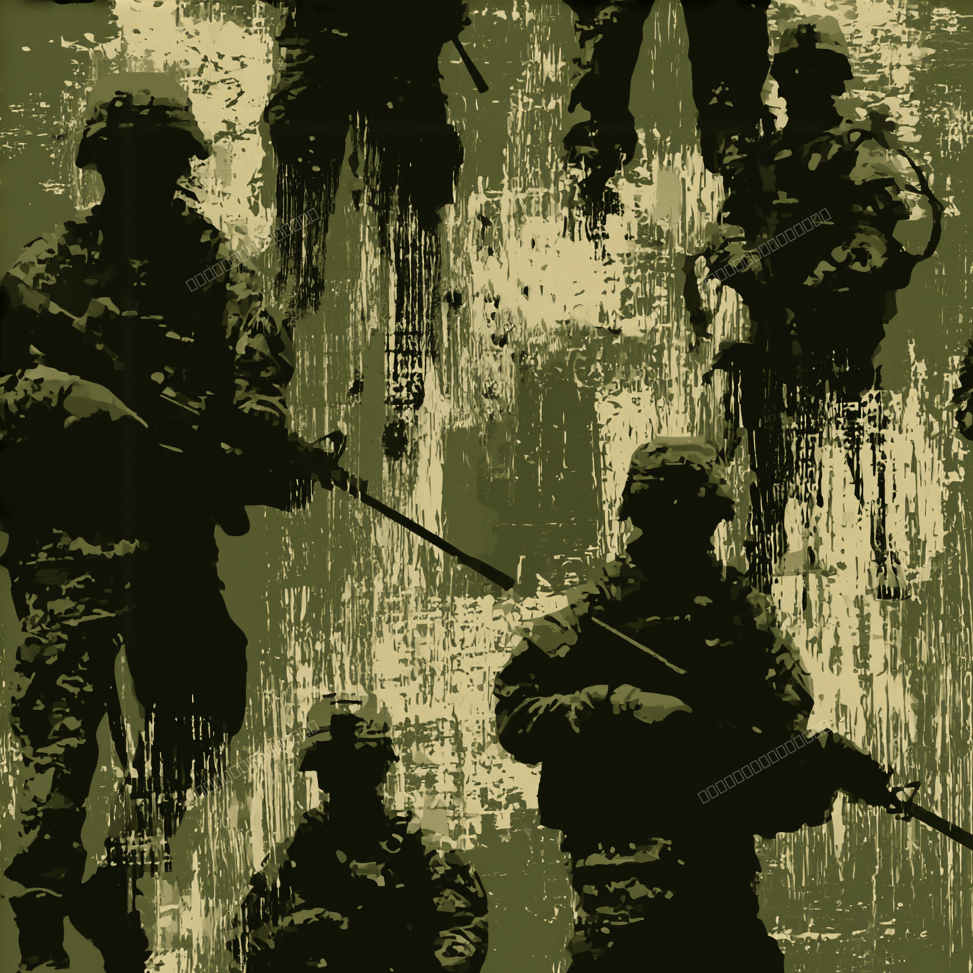 Seamless military camouflage pattern with distressed soldier silhouettes in olive green and khaki.