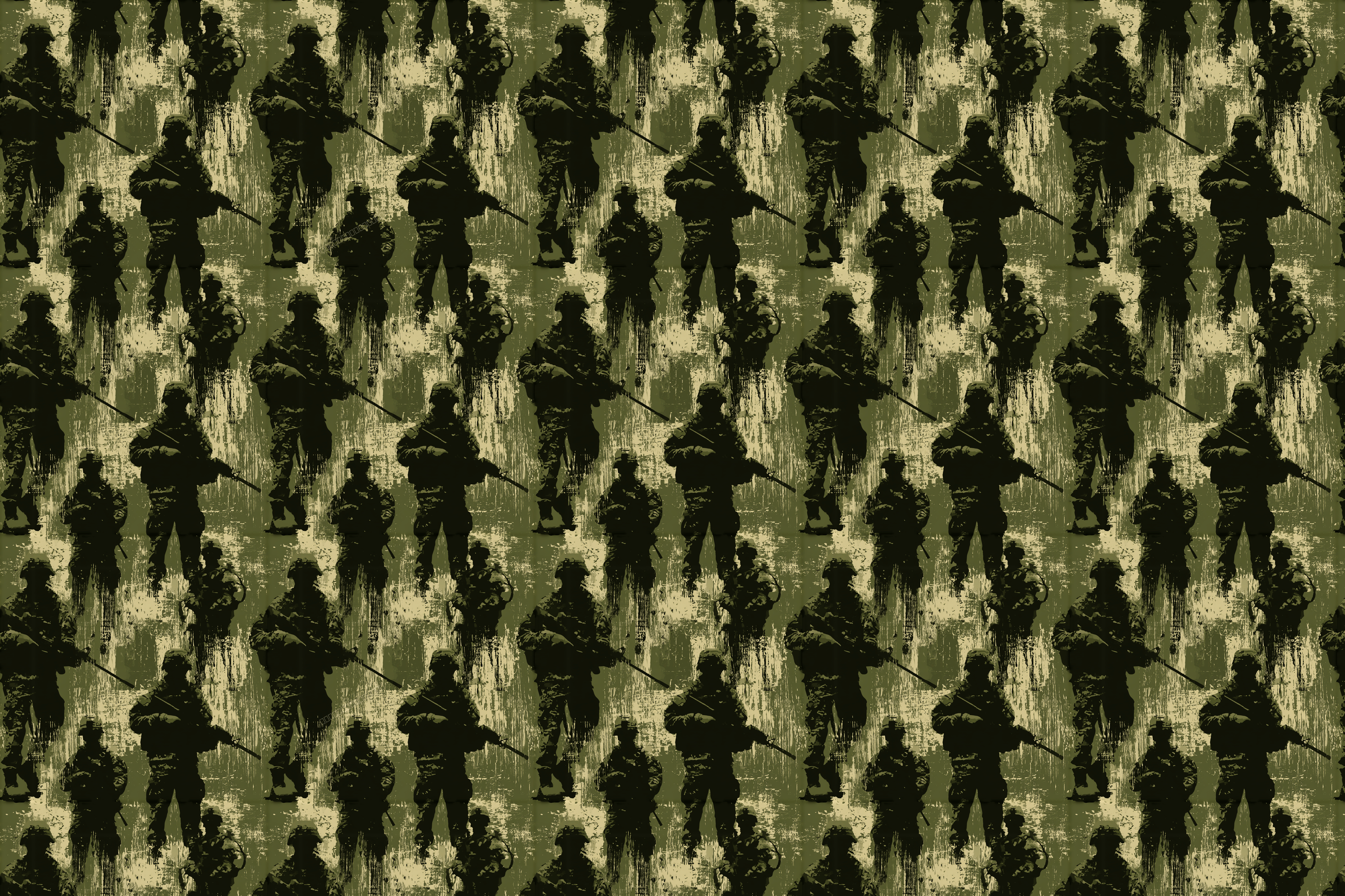 Distressed army camo pattern with soldier silhouettes in a grungy olive green and beige military design.
