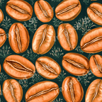 Vintage coffee bean pattern with warm golden roasted beans and botanical motifs on a dark teal background.