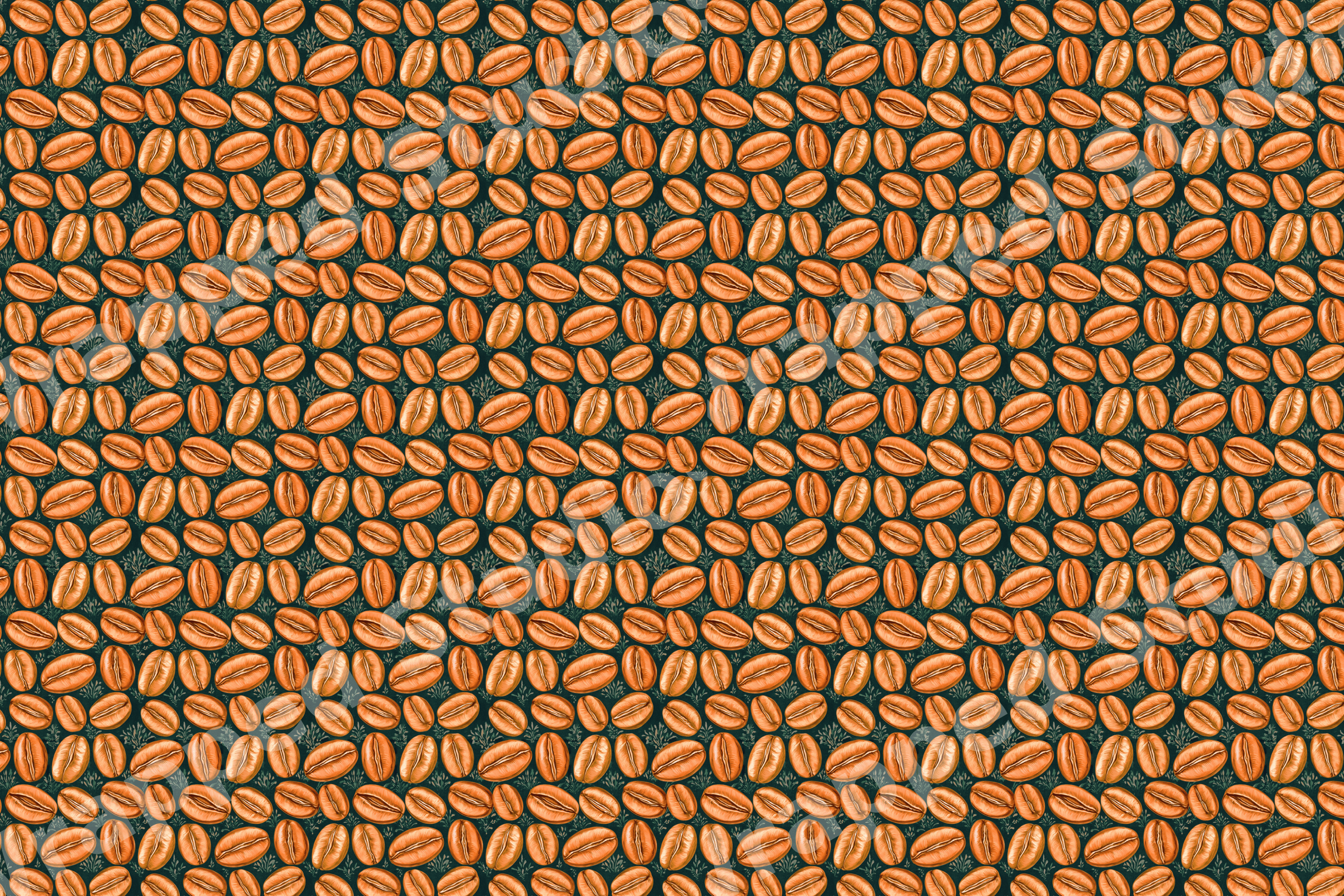 Vintage coffee bean pattern with illustrated golden brown beans on a dark teal botanical background.