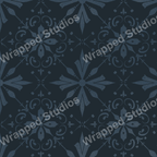 Navy blue vintage botanical pattern with symmetrical floral motifs and ornate swirling details.