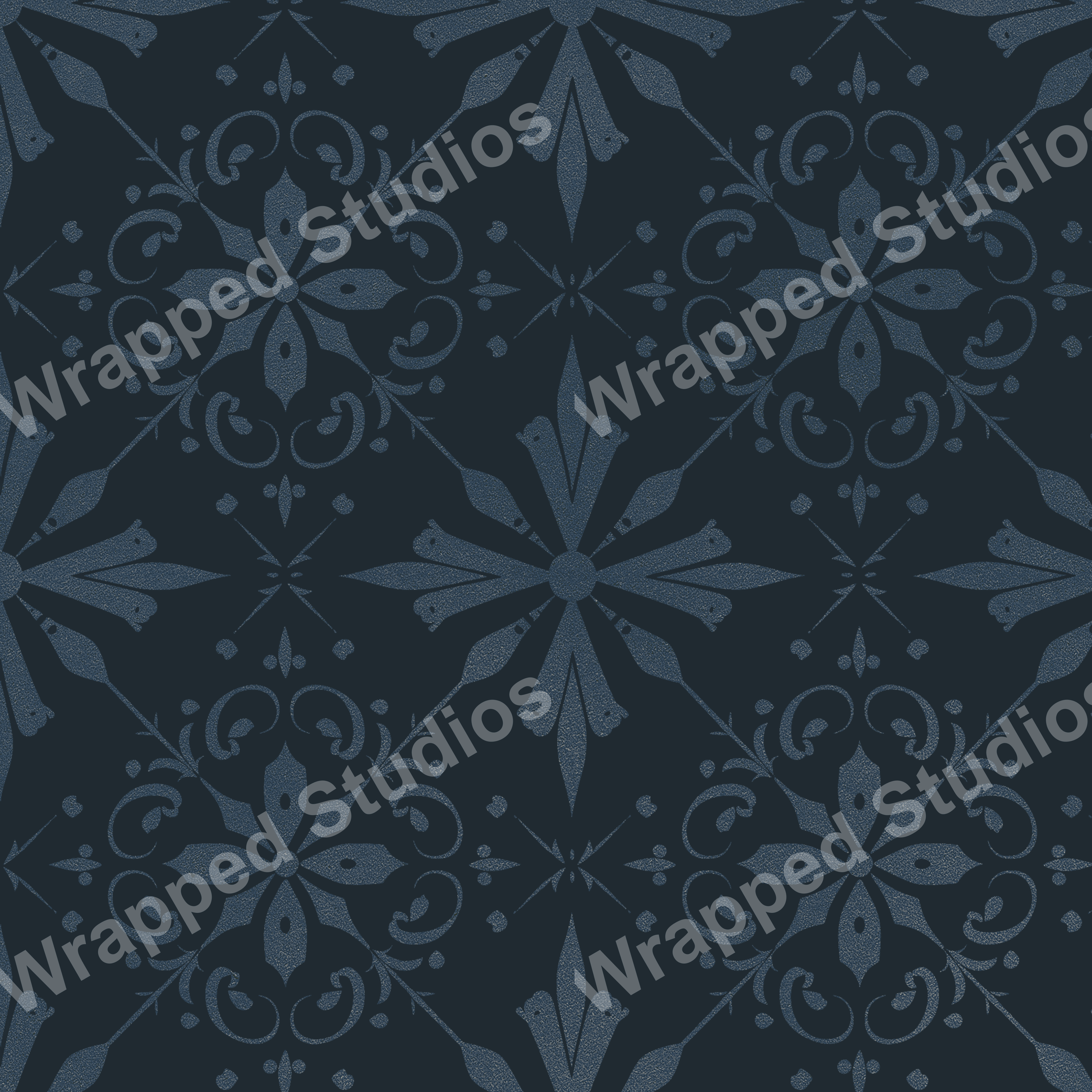 Navy blue vintage botanical pattern with symmetrical floral motifs and ornate swirling details.