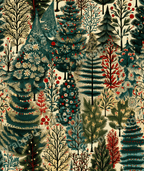 Festive forest pattern with decorated Christmas trees in shades of green, red, and cream.