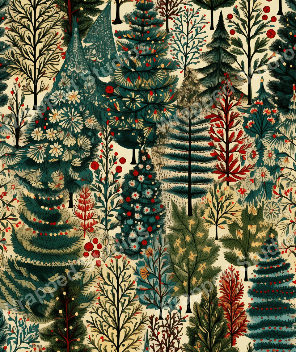 Festive forest pattern with decorated Christmas trees in shades of green, red, and cream.