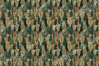 A whimsical forest pattern with various trees and botanical elements in greens and reds.