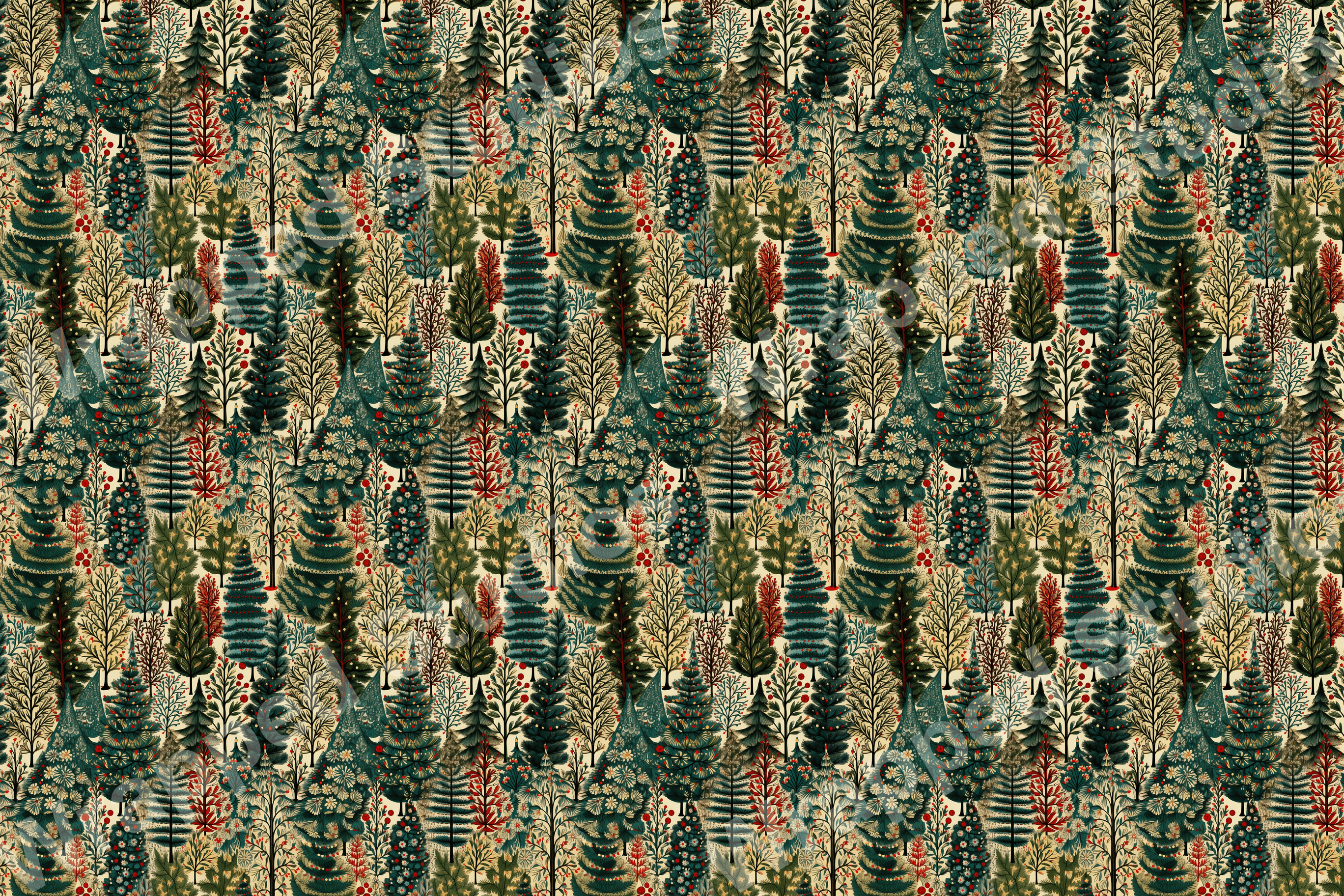 A whimsical forest pattern with various trees and botanical elements in greens and reds.