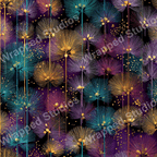 Seamless abstract floral pattern with dandelion-like motifs in teal, purple, and gold on a dark background.