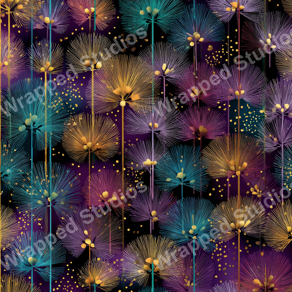Seamless abstract floral pattern with dandelion-like motifs in teal, purple, and gold on a dark background.