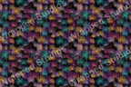 Elegant floral pattern featuring dandelion-like motifs in teal, gold, and purple on a dark backdrop.