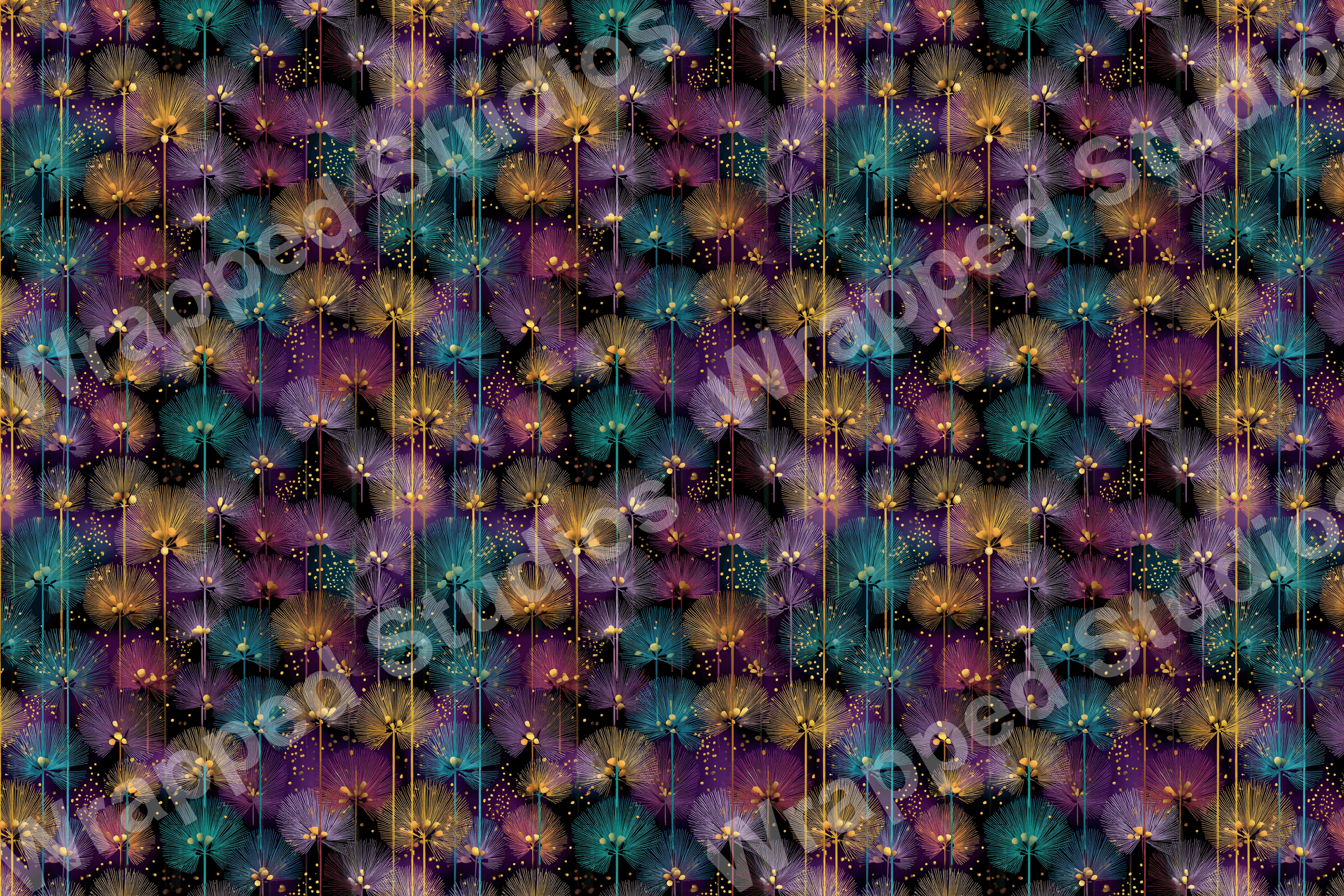 Elegant floral pattern featuring dandelion-like motifs in teal, gold, and purple on a dark backdrop.
