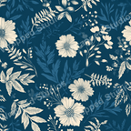 Elegant floral pattern design with ivory flowers and blue-toned foliage on a dark blue background.