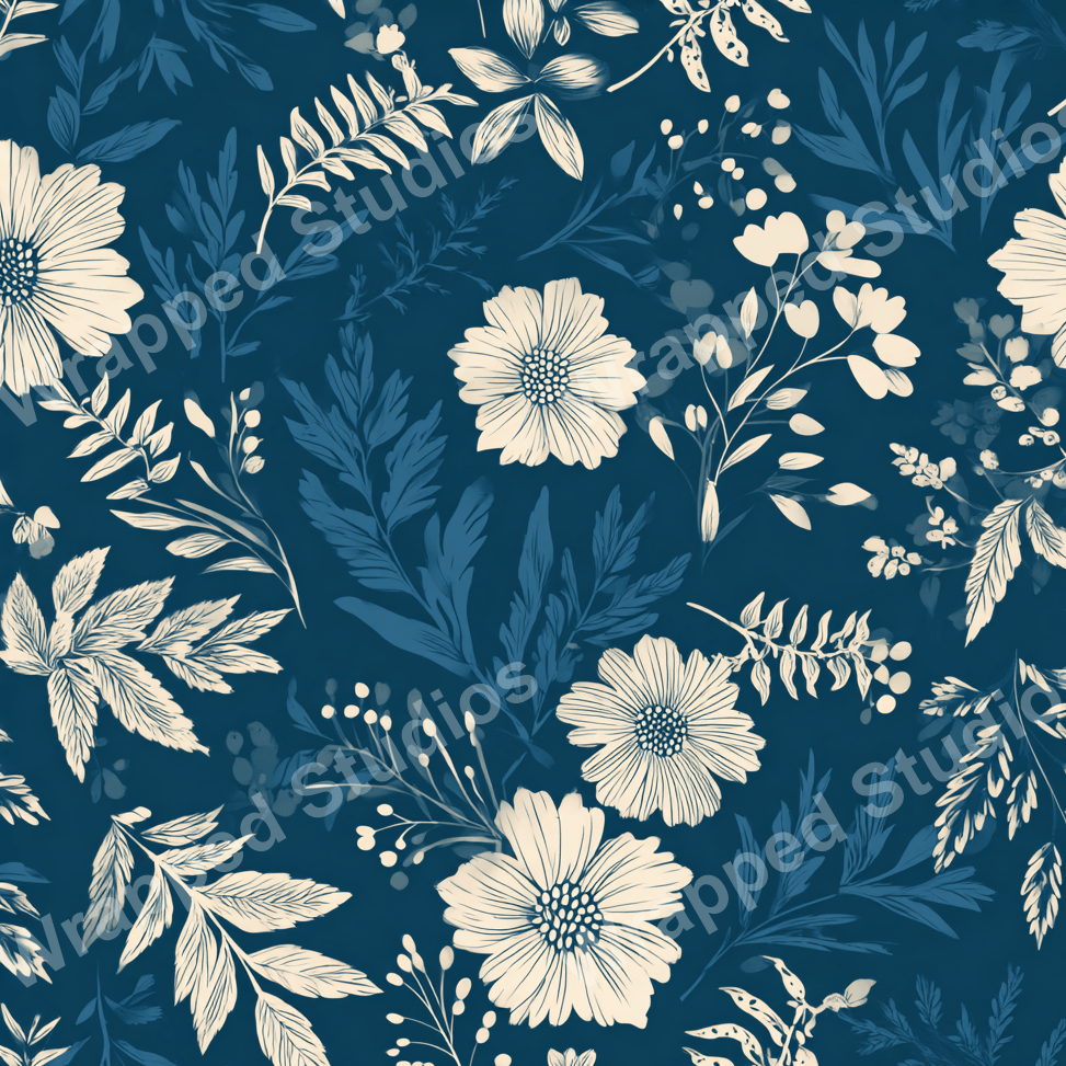 Elegant floral pattern design with ivory flowers and blue-toned foliage on a dark blue background.
