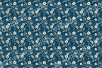 Creamy white floral pattern with leaves on a dark teal background.