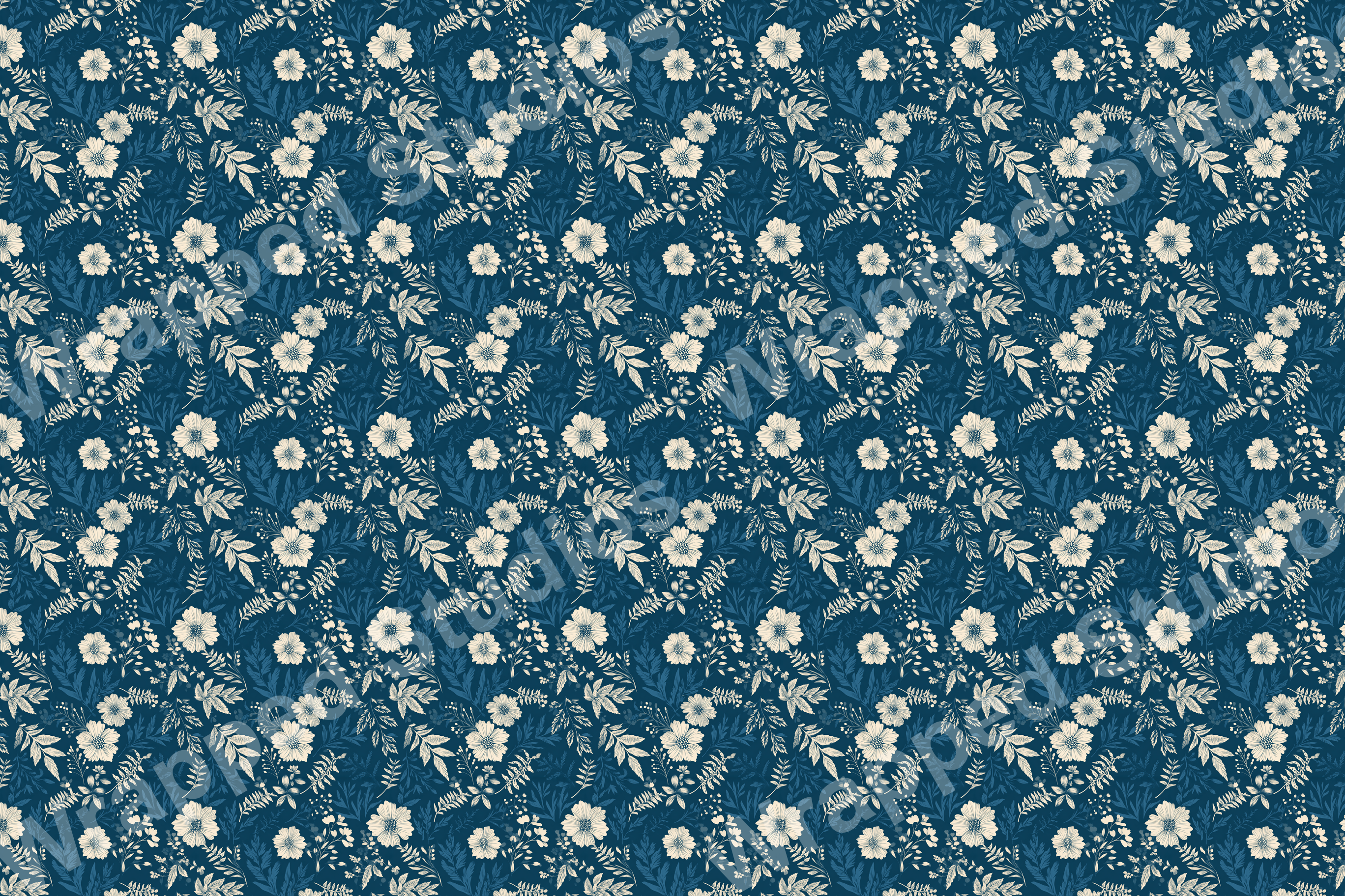 Creamy white floral pattern with leaves on a dark teal background.