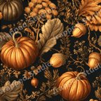 Vintage botanical design featuring autumn pumpkins, acorns, and oak leaves on a dark background.