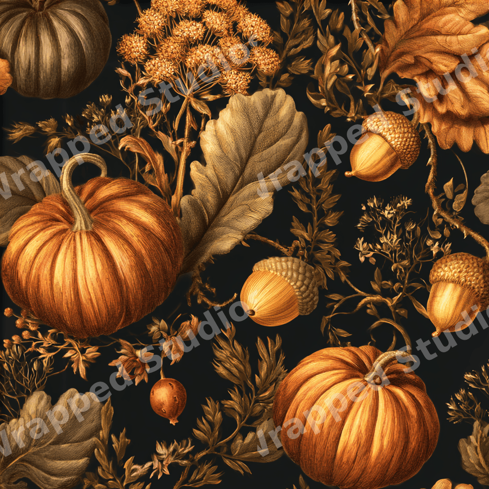 Vintage botanical design featuring autumn pumpkins, acorns, and oak leaves on a dark background.