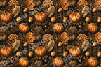 Vintage botanical autumn pattern with orange pumpkins, acorns, and oak leaves on a dark background.