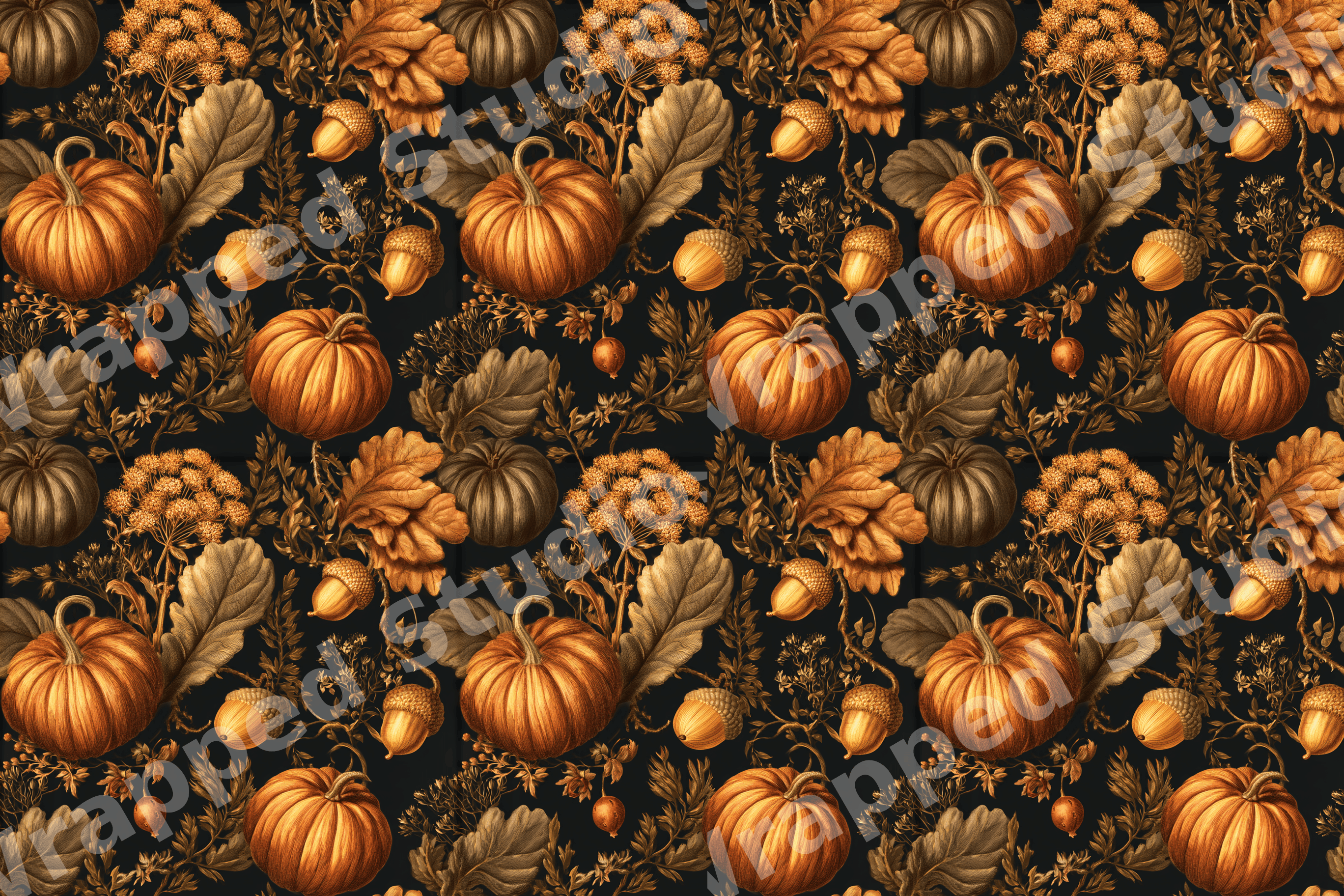 Vintage botanical autumn pattern with orange pumpkins, acorns, and oak leaves on a dark background.
