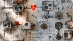 Playful vintage robot pattern with hand-drawn gears, red hearts, and whimsical blueprint sketches.