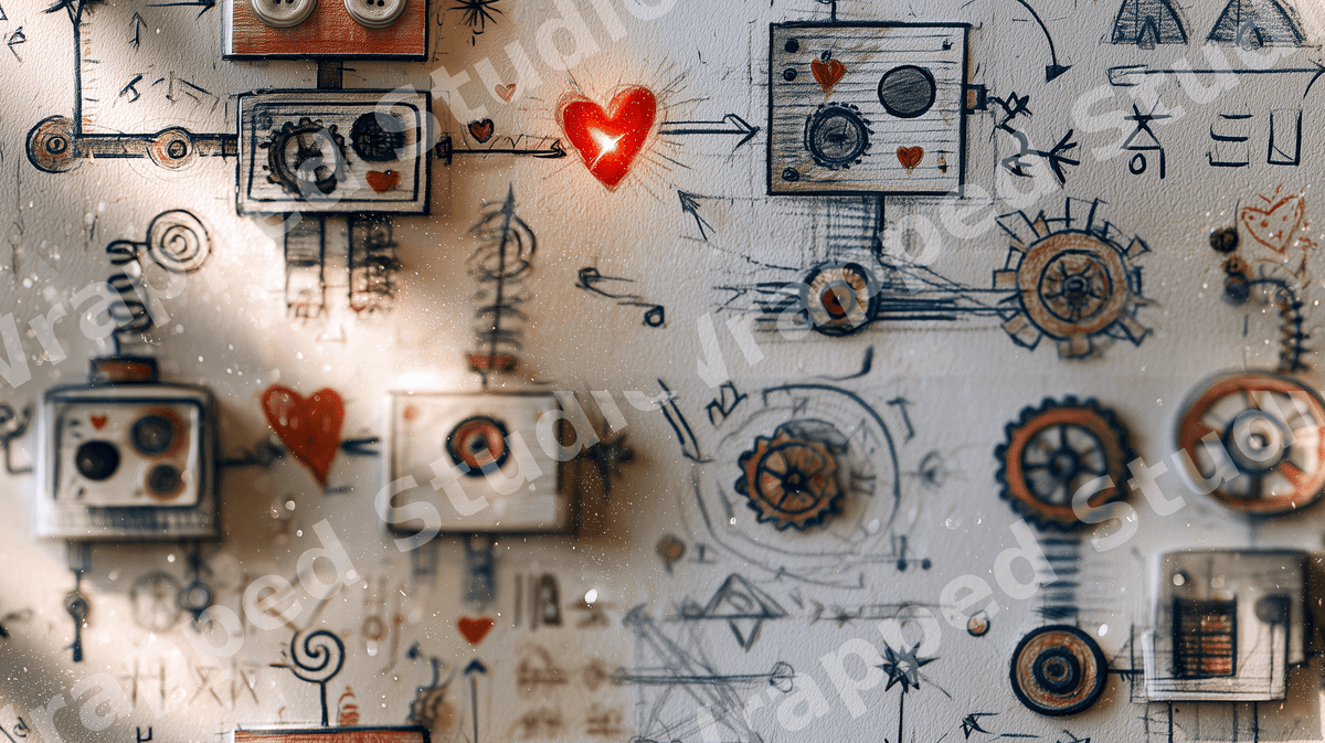 Playful vintage robot pattern with hand-drawn gears, red hearts, and whimsical blueprint sketches.