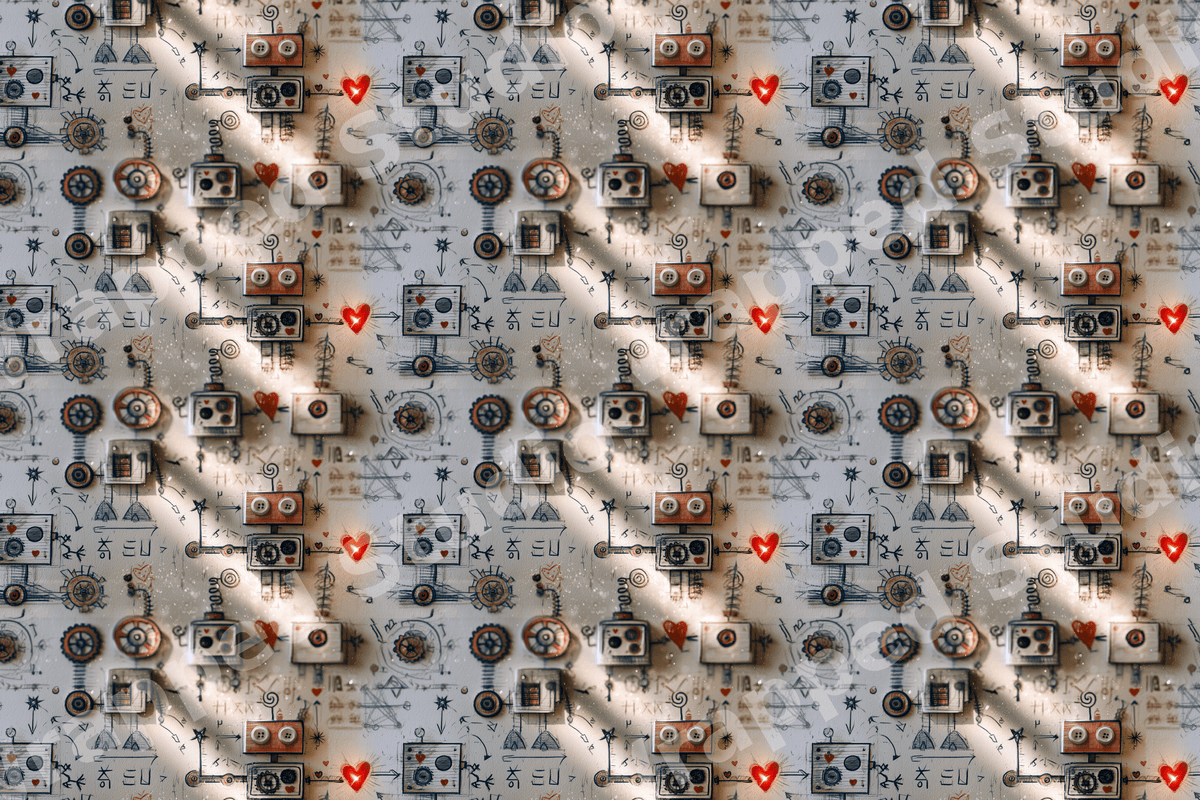 Whimsical retro robot pattern with gears and red hearts in a hand-drawn steampunk sketch style.
