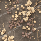Vintage botanical pattern with cream flowers and purple berries on a dark marble texture.
