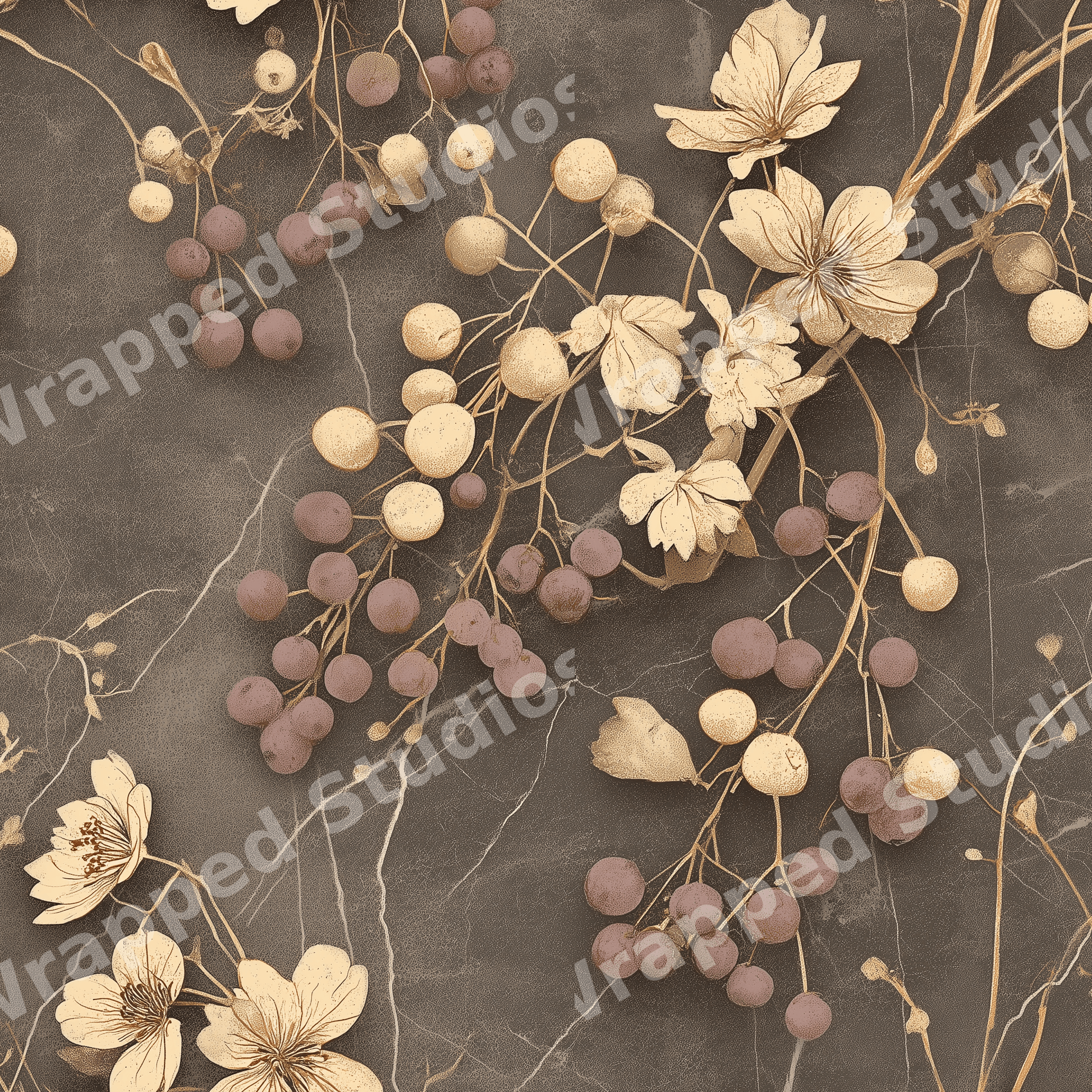 Vintage botanical pattern with cream flowers and purple berries on a dark marble texture.