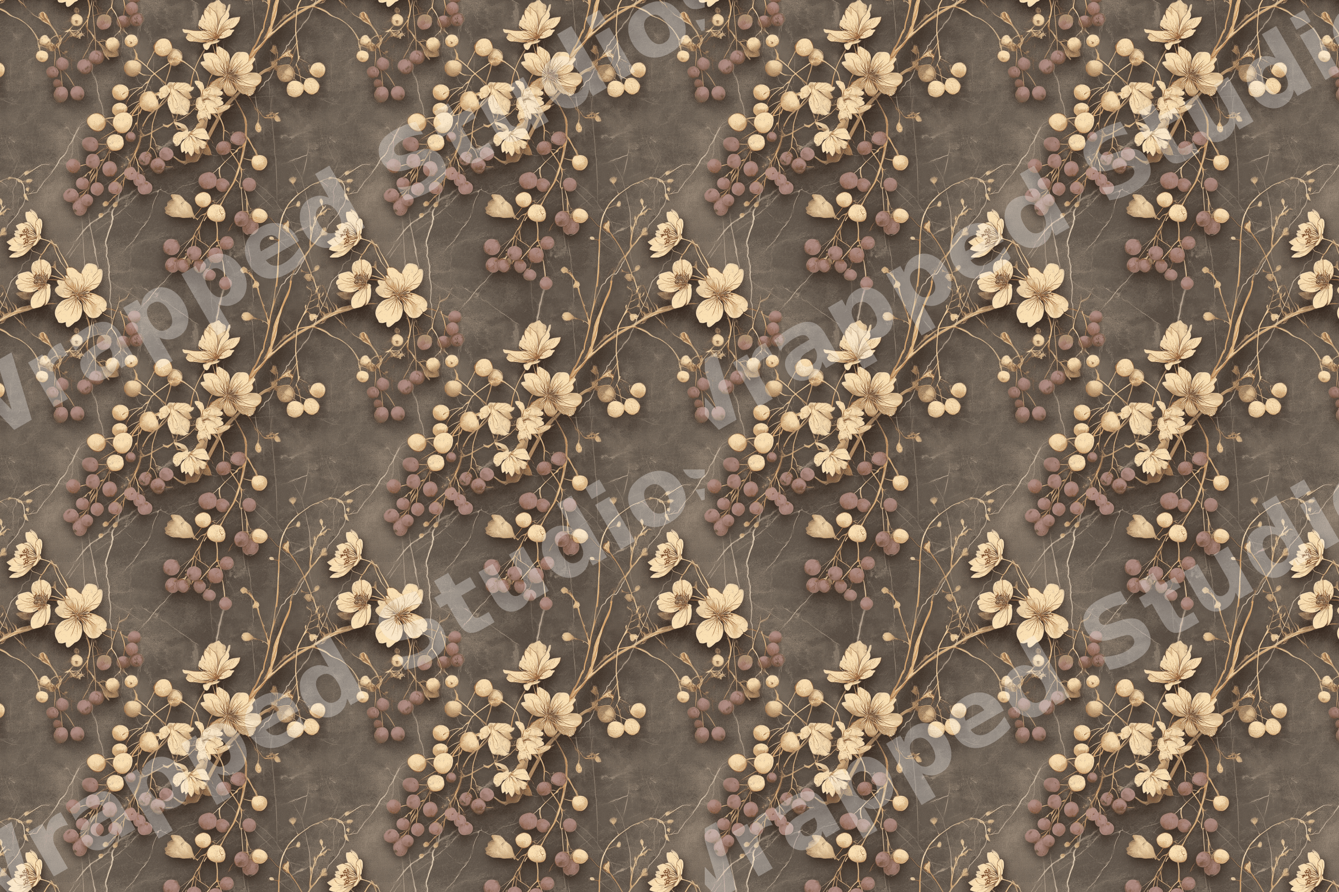 Elegant vintage botanical design with cream flowers and berry branches on a textured brown background.