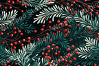 Winter botanical pattern with red berries and textured teal foliage on dark background.