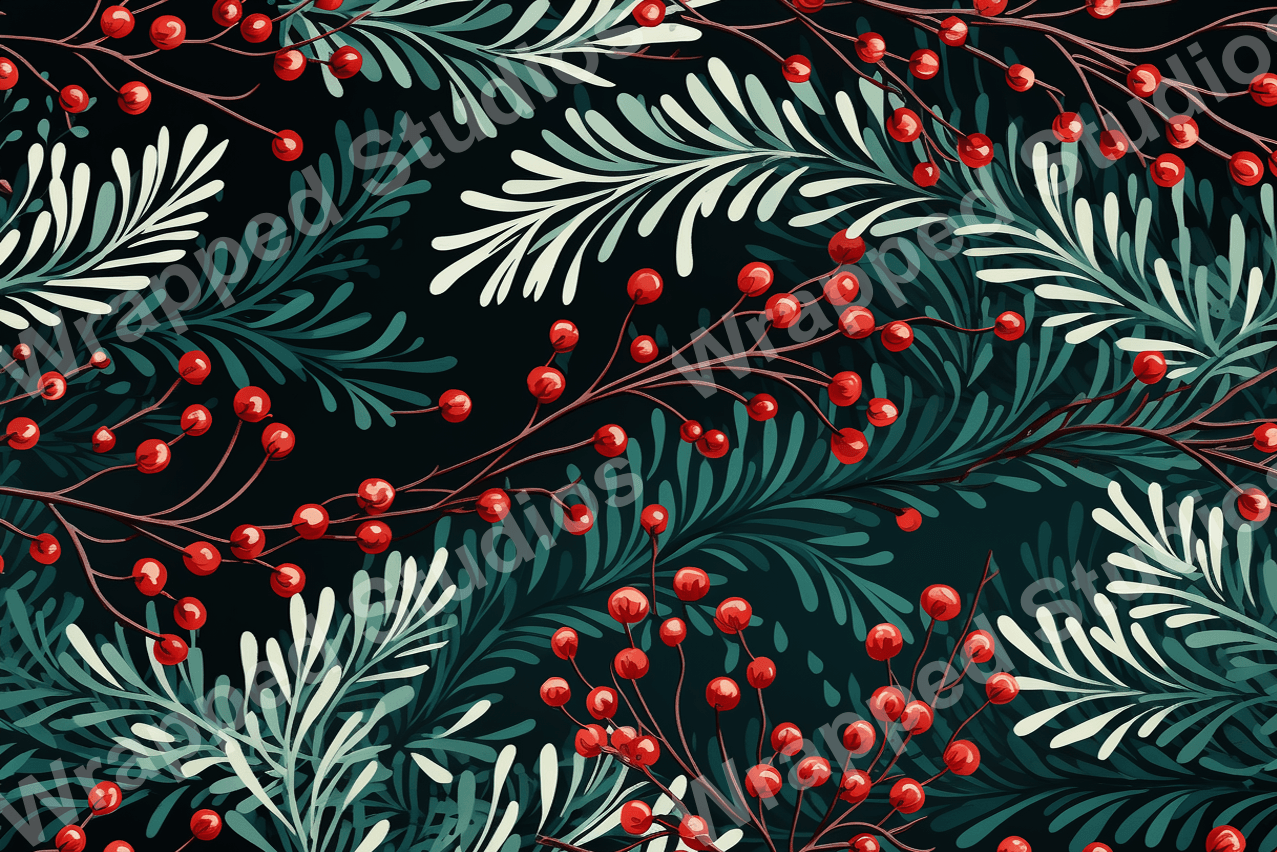 Winter botanical pattern with red berries and textured teal foliage on dark background.