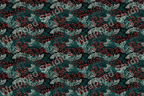 Elegant botanical pattern with red berries and teal and white leaves on a black background.