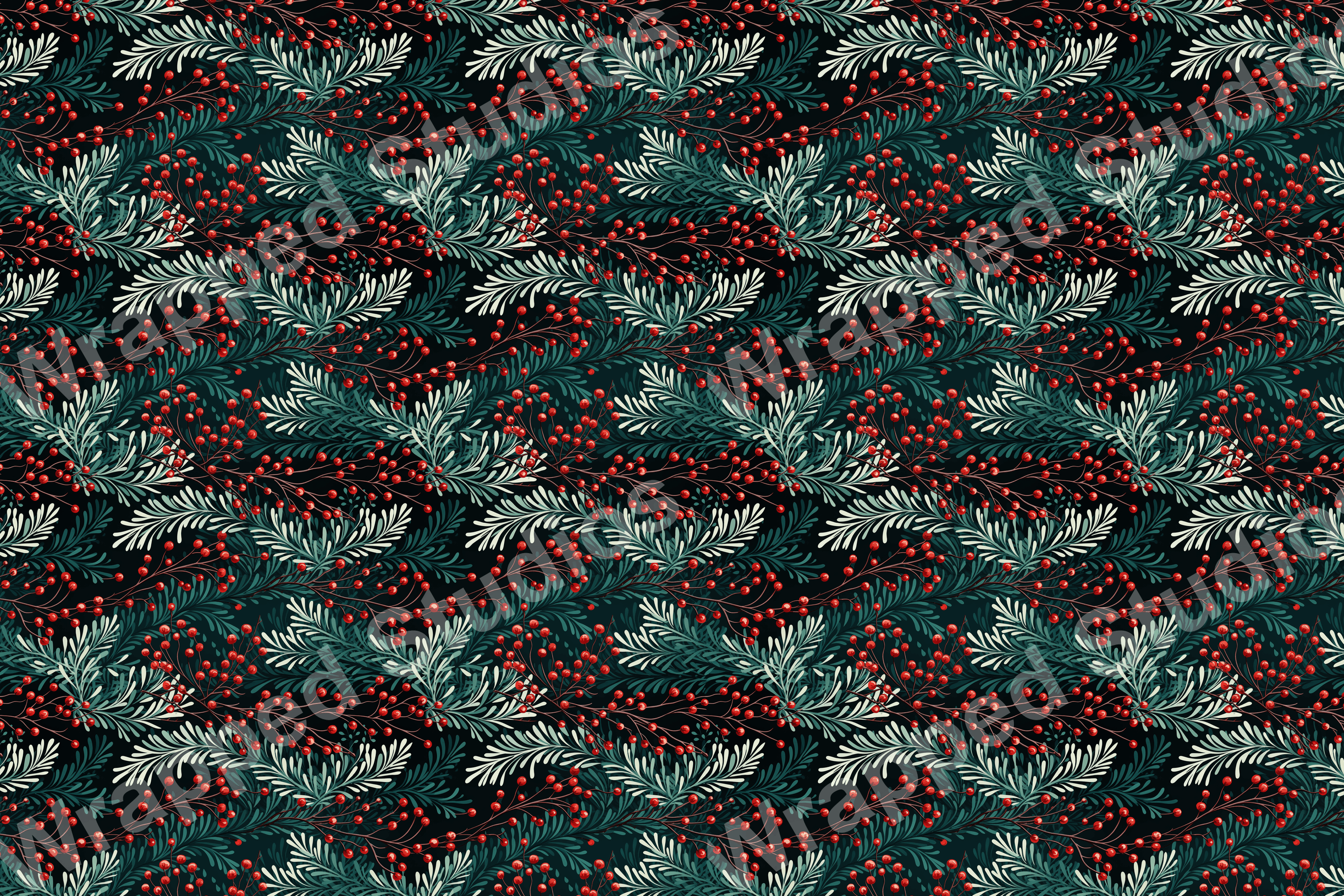 Elegant botanical pattern with red berries and teal and white leaves on a black background.